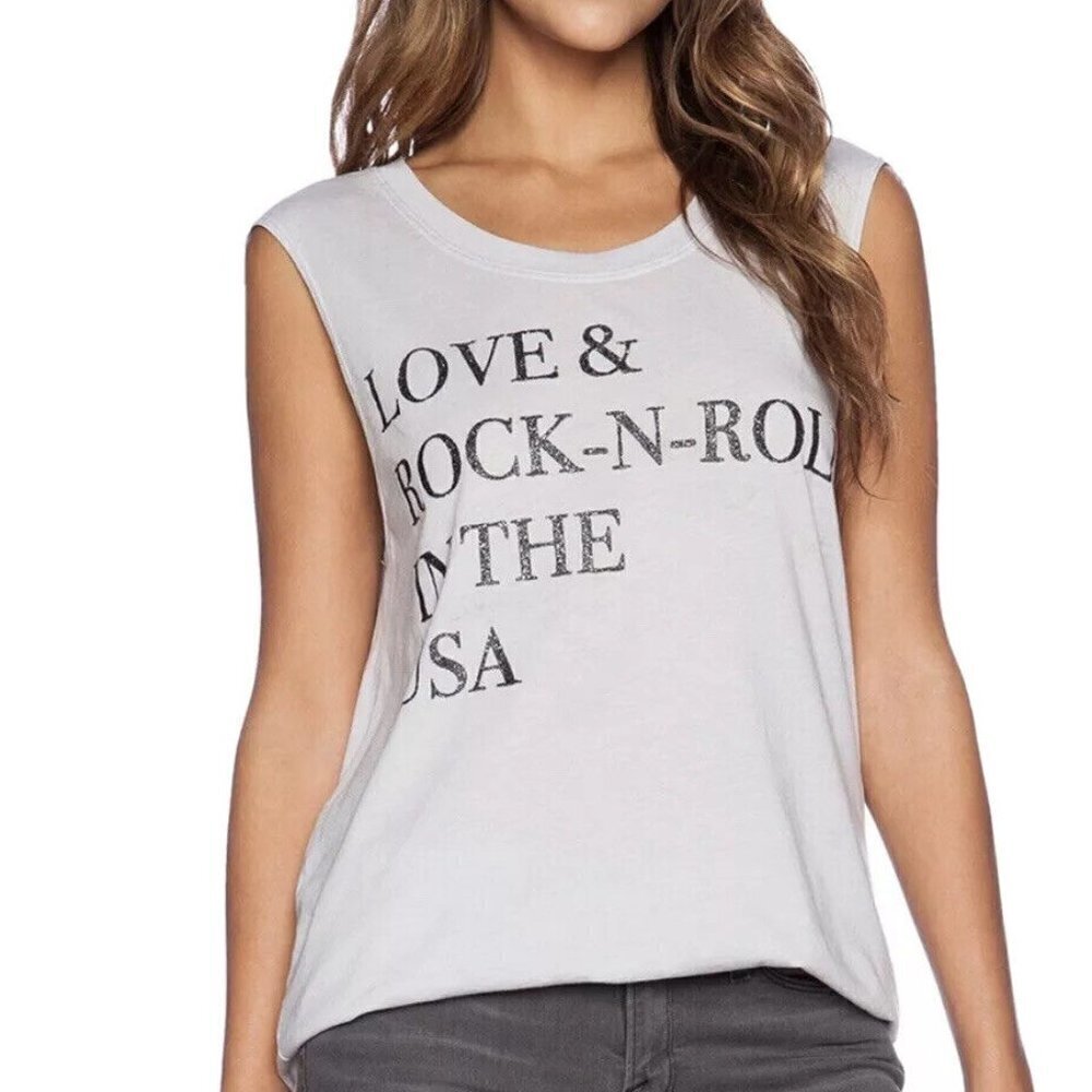 CHASER Gray Black Sparkle Love & Rock N Roll In The USA Burnout Tank Top Small